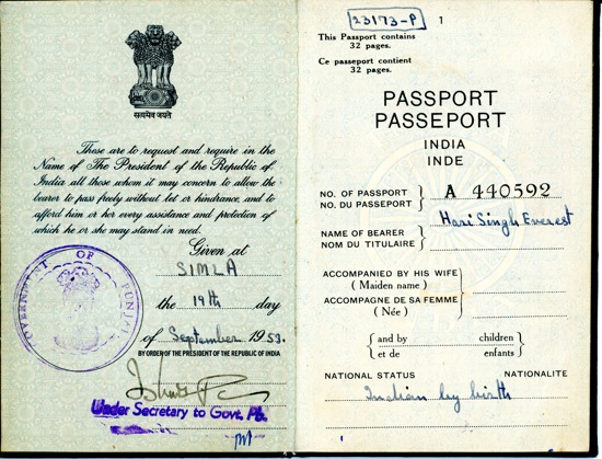 Hari Singh Everest Indian Passport Inside Page, September 19, 1953. Courtesy of the Everest Family.