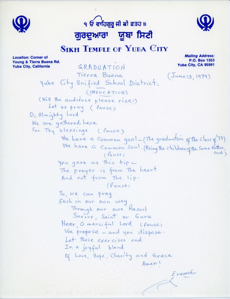 Hari Singh Everest Poem, "Graduation," June 13, 1979. Courtesy of the Everest Family.