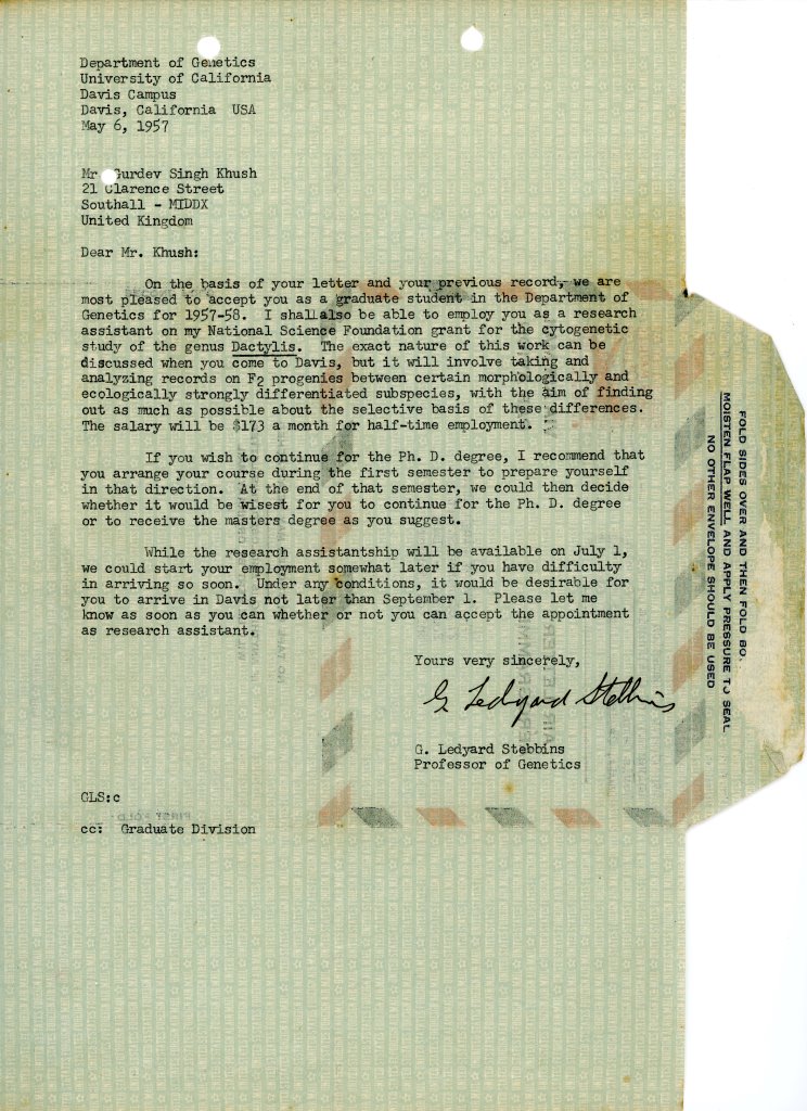 UC Davis Graduate School Acceptance Letter from Professor Ledyard Stebbins, 1957. Courtesy of the Khush Family.