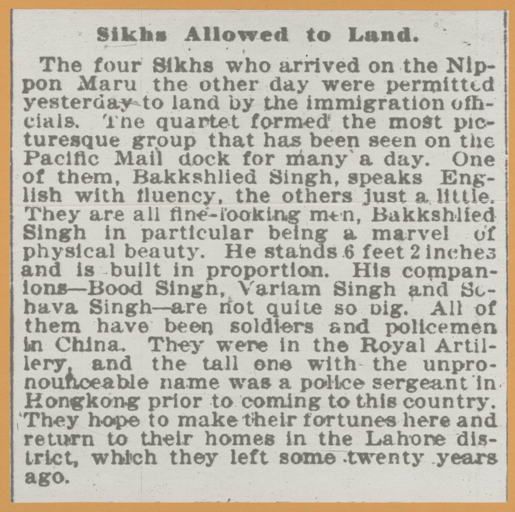 "Sikhs Allowed to Land"