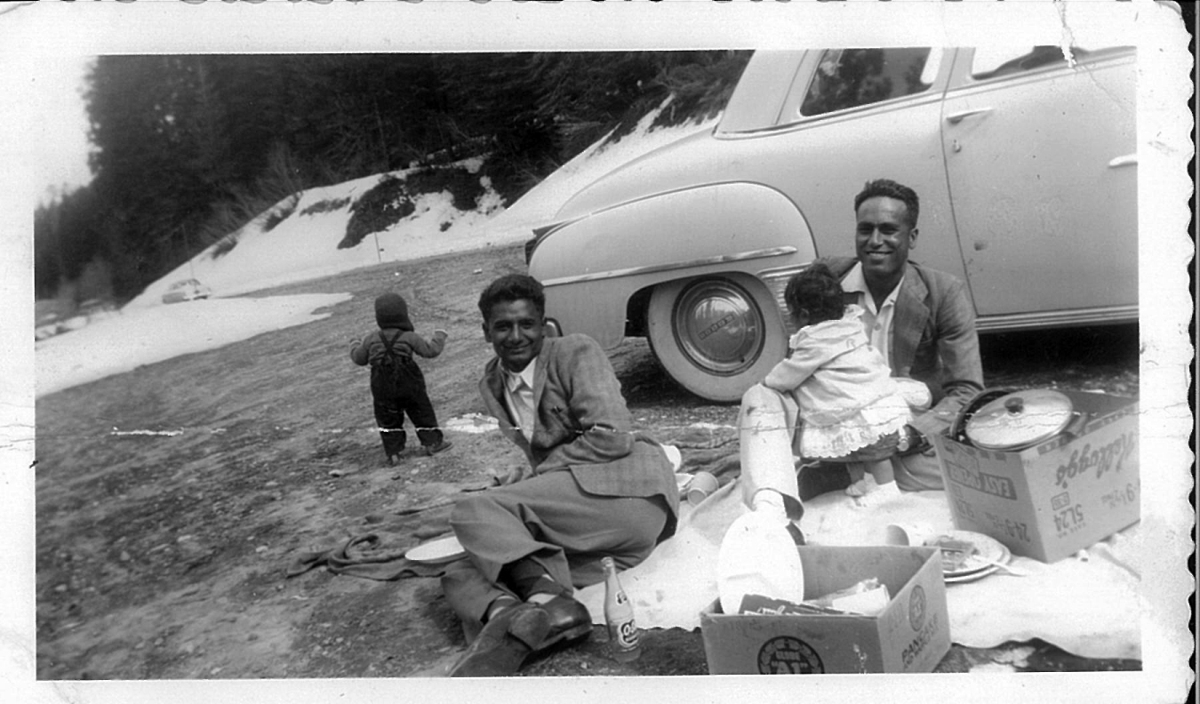 Tumber Family with Asian-Indian Students, Lake Tahoe, Winter 1955