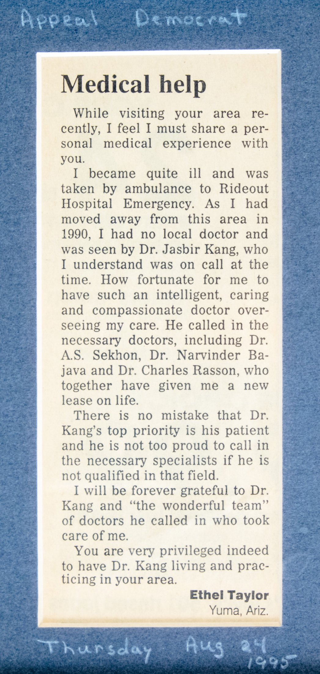 "Medical Help," Appeal Democrat, August 24, 1995.