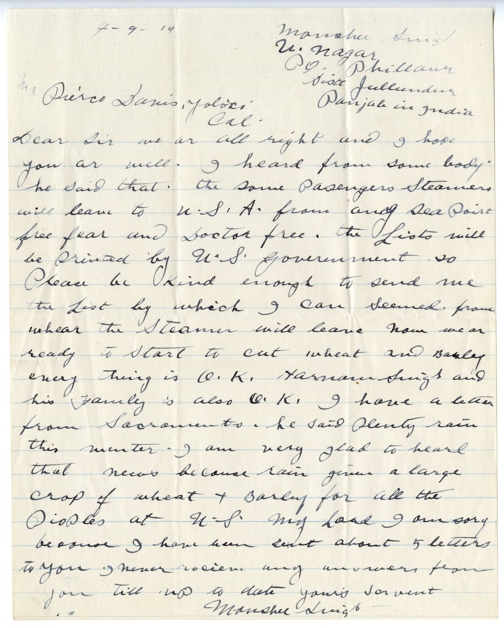 A Rare Letter From a Punjabi Pioneer From Monshu Singh to George Pierce Jr. From Nagar, Punjab, India, 1914. The Letter Was Likely Penned by an Educated Person. Pierce Family Papers, Special Collections, University of California, Davis Library.