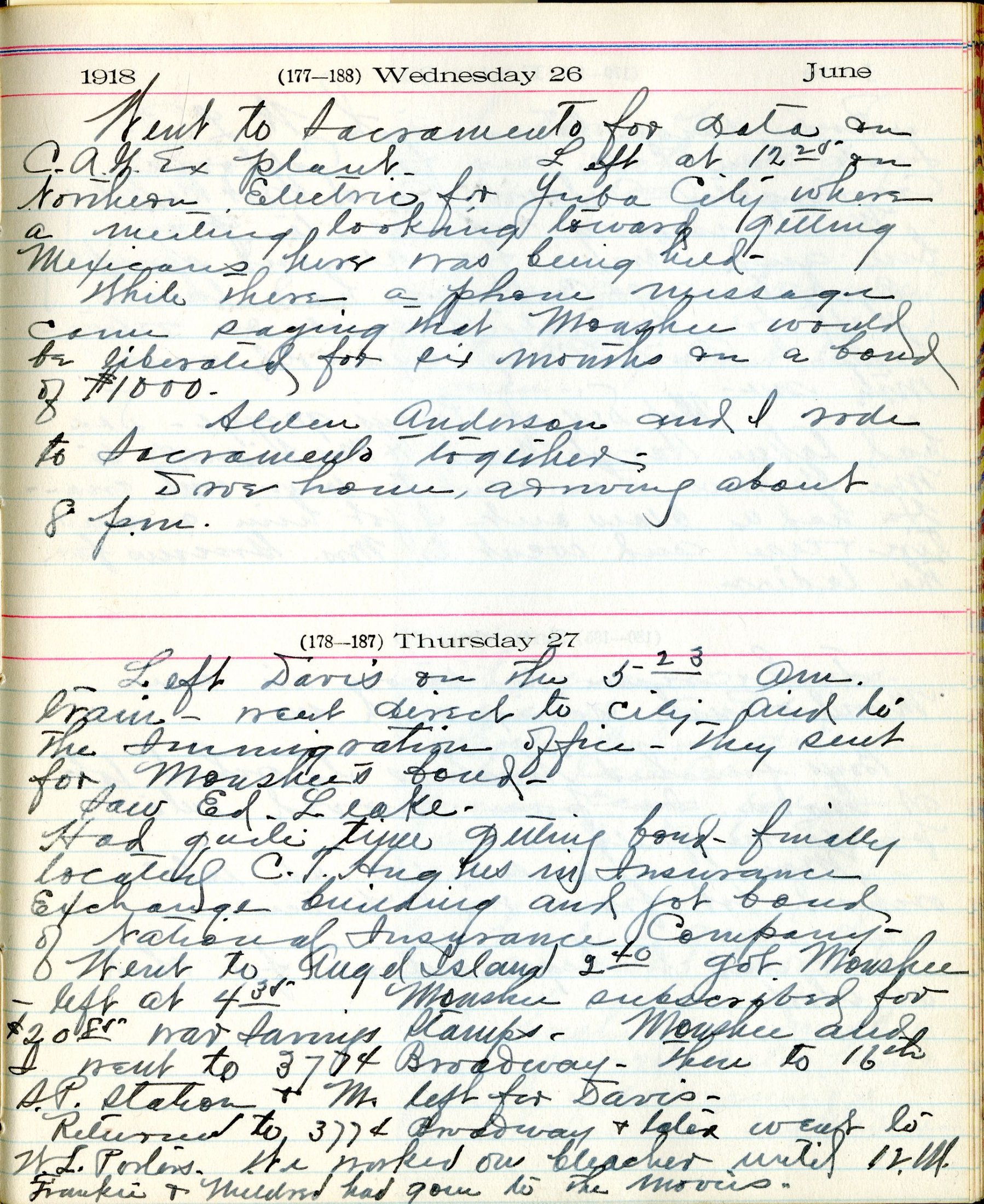 George Pierce Jr Documents His Tremendous Efforts to Secure Monshu Singh's Release From Angel Island, June 27, 1918. Pierce Family Papers, Special Collections, University of California, Davis Library.