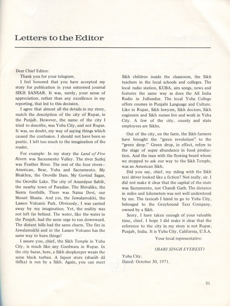 Hari Singh Everest, "Letters to the Editor," Sikh Sansar, August 1972. Courtesy of the Everest Family.