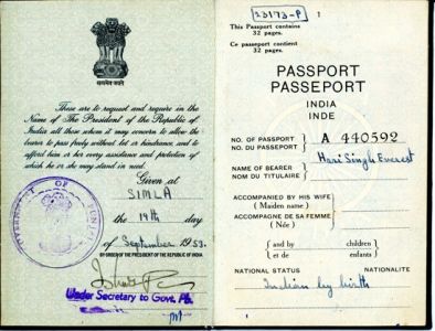 Hari Singh Everest Indian Passport Inside Page, September 19, 1953.  Courtesy of the Everest Family.