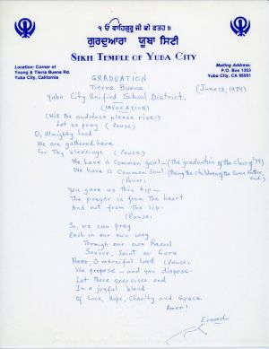 Hari Singh Everest Poem, "Graduation," June 13, 1979.  Courtesy of the Everest Family.