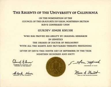 Doctoral Degree, Genetics, University of California, Davis, 1960. Courtesy of the Khush Family.