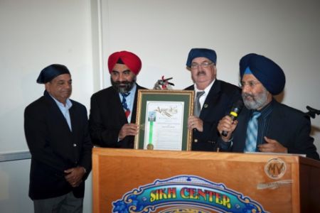 Ceremony to Honor Dan Logue for Introducing the California Sikh American Awareness and Appreciation Month in November (Left to Right): Mr. Sarbjit Johl, Dr. Jasbir Singh Kang, Honorable Dan Logue, and Mr. Pashura S. Dhillon, CA, November 2010.  Courtesy of the Kang Family.