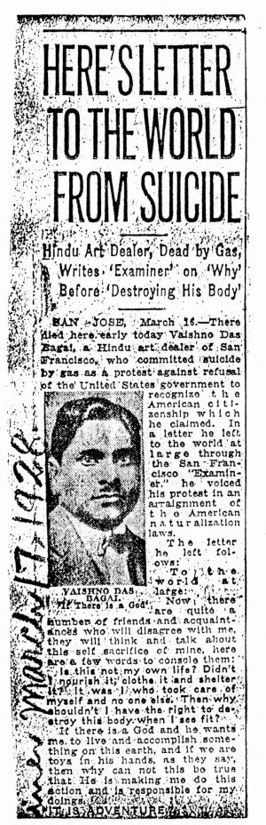 Suicide Letter From A South Asian Immigrant Who Lost His US Citizenship After the Thind Decision, San Francisco Examiner, March 27, 1928