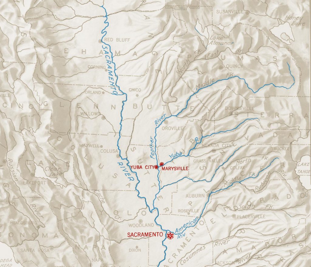The five rivers of the Sacramento Valley descend from the Sierra mountains and Mount Shasta.